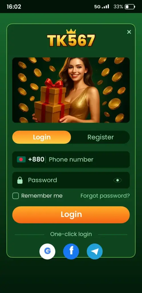 TK567 Login TK567 Register – registration form with phone number, password and OTP