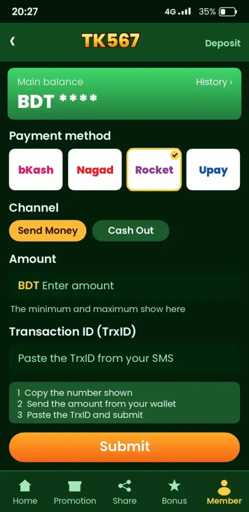TK567 Bangladesh TK567 BD – deposit screen with bKash, Nagad and Rocket
